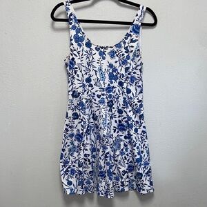 H&M White Blue Floral Sleeveless Scoop Neck Scoop Back Mini Sundress 3665